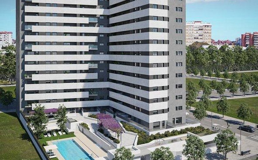 Edificio residencial moderno con zonas comunes y piscina en Nervión, Sevilla